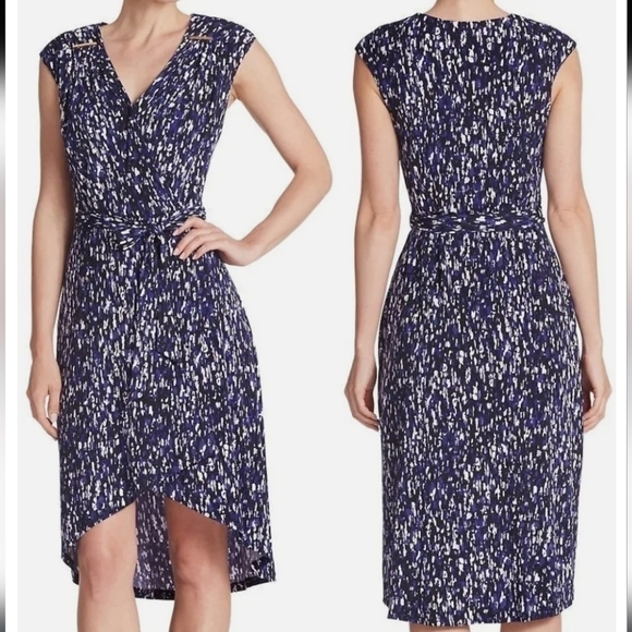 CALVIN KLEIN | Blue/Black/White Byzantine  Multi Stretch V-Neck Wrap Dre… - Picture 3 of 9